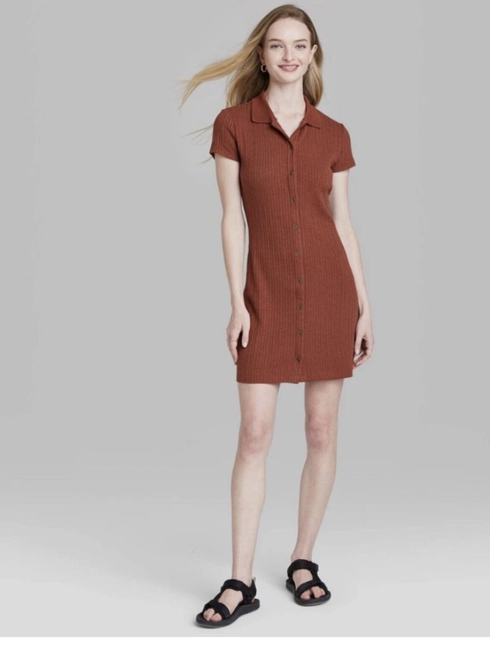 WILD FABLE Short Sleeve Bodycon-Minimalist Polo Dress – Coffee Brown– medium